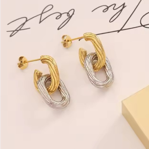 Two Tone Earrings*Mixed Metal Bicolor Earrings*Gold Textured Earrings*Waterproof - Picture 5 of 5